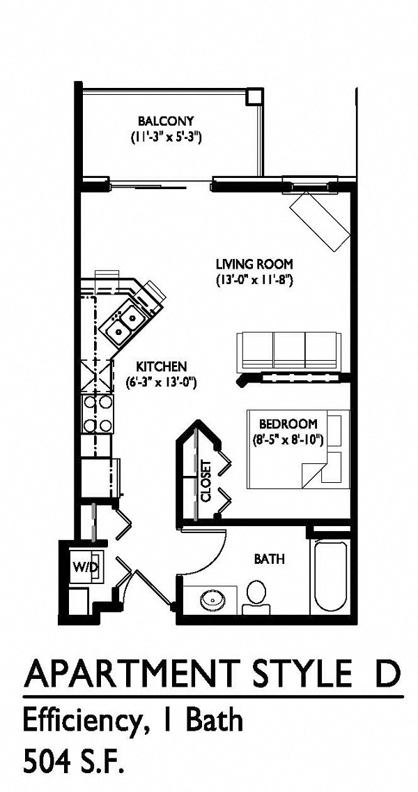 Floor plan for studio, 1 bath, 504 sqft